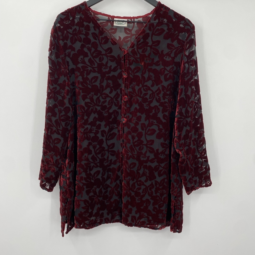 Laura‎ Ashley Cardigan Womens Medium Burgundy Vintage 90s Velvet Burnout Floral - Picture 7 of 12